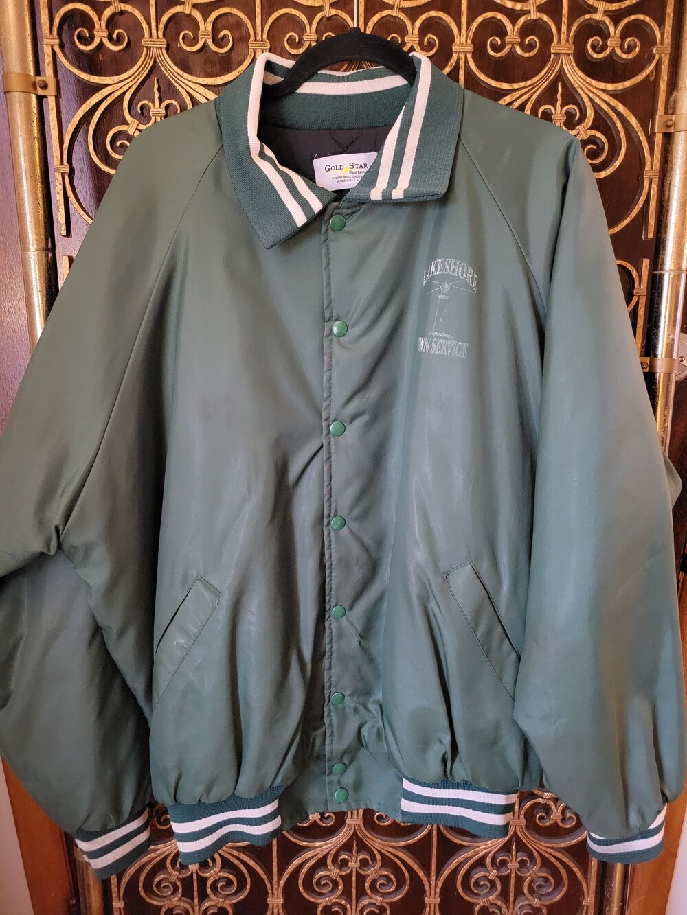 Gold Star Vintage Green Jacket Lakeshore Win Service Embroidered Logo
